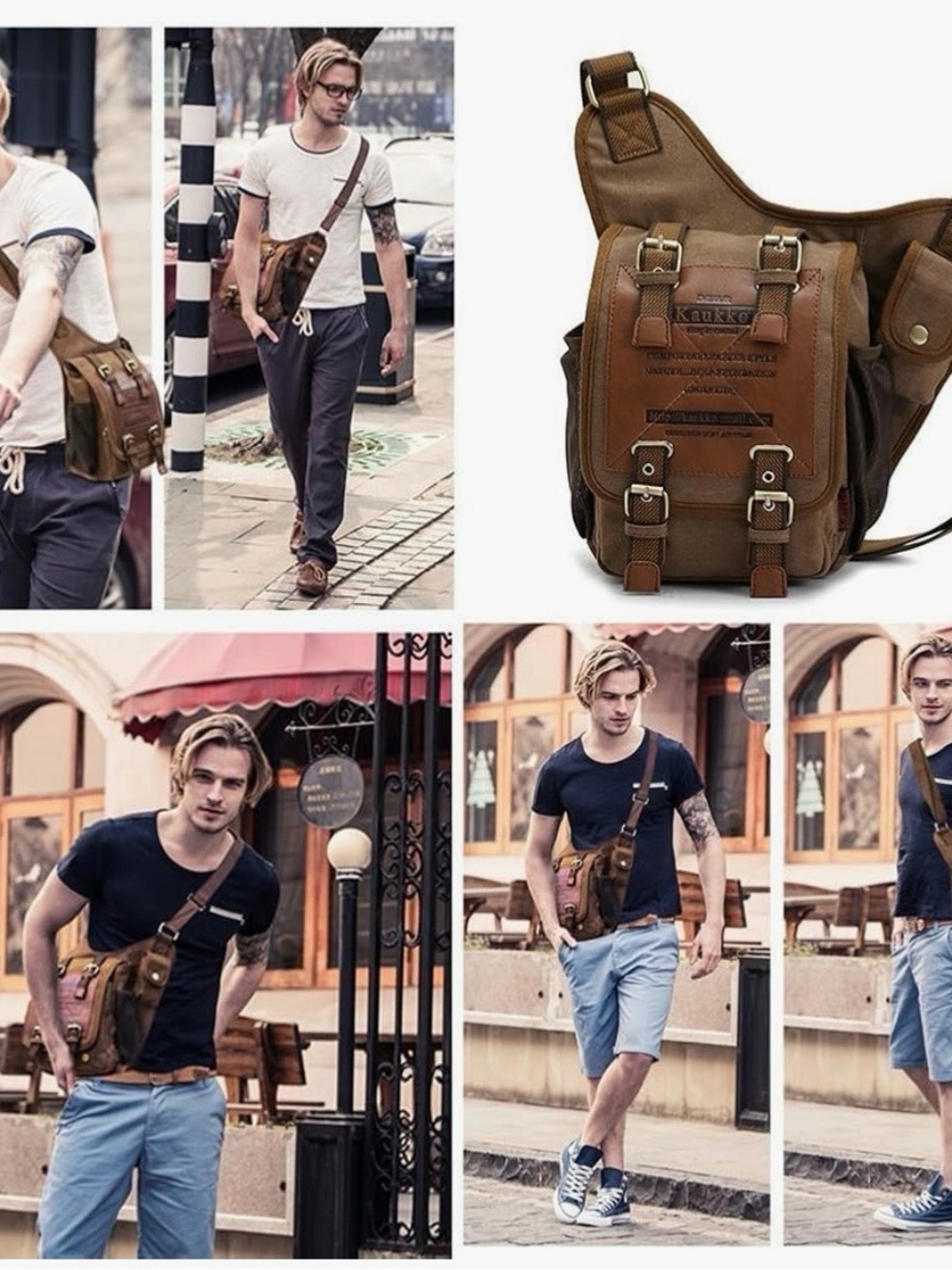 Casual Brown Canvas & Leather Messenger Bag for Men